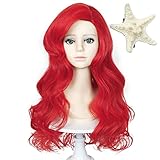 Mermaid Wigs for Kids Girls 21-Inch Long Red Curly Kid's Mermaid Wig Wave Wigs with Starfish Hairclip & Hair Net for Halloween Costume Party