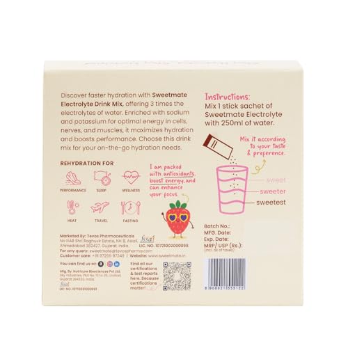 Image of Sweetmate Sugar Free Strawberry Electrolyte Drink Mix Sweetened With Stevia -5g (20 Sachet) No Preservatives and Chemicals | Offers 10x more Electrolyte