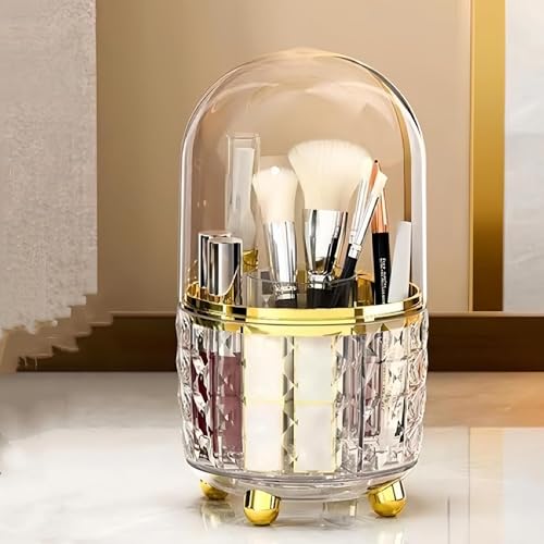 HOLAHOLA Organizer Trucchi, Porta Trucchi Organizer Bagno 360° Organizzatore Trucchi Porta Pennelli Make Up Organizer Trucco Portatrucchi Organizzatore Bagno con Coperchio, Oro trasparente