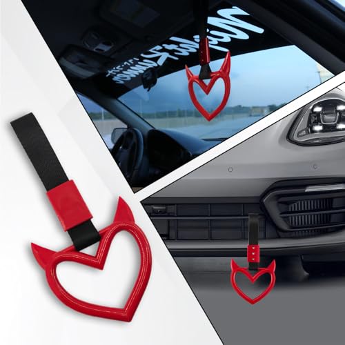 Image of 2PCS Heart shaped Car Handle Straps, Heart Car Accessories, Ring Hearts Shaped Cars Hand Strap Drift Charm, Universal Handle Keychains Accessory Suitable for Cars Bus (Red+black)