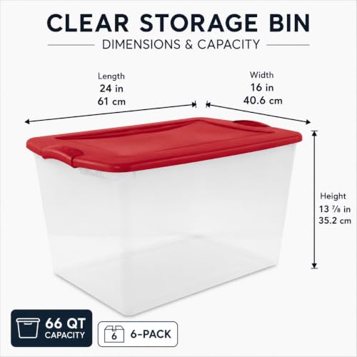 Image of Storage Bins 66 Qt Clear Latching Lid Stackable 6 Pack Red