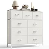 Sweetcrispy 9-Drawer Fabric Dresser Storage Tower with Wood Top and Steel Frame, Organizer Chest with Easy Pull Handles for Bedroom, Closet, Hallway,Pure White