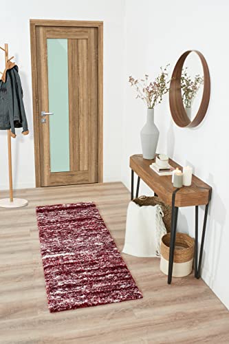 Nazar Tapis Shaggy Doux à Motifs Géométrique, Tapis Salon, Tapis Chambre, Tapis Couloir, Moelleux, Moderne, Beige, Gris, Bleu, Rouge (584 Rouge, 67x180 cm)
