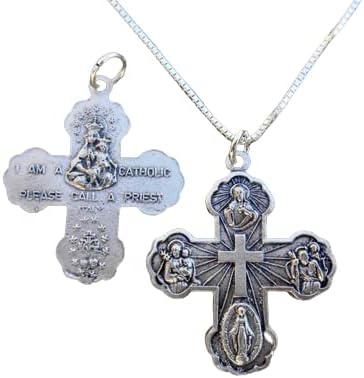 5 Way Cross, Large 1 1/4" Cross, 16", 18", 20" or 24" Sterling Silver Box Chain- Alloy Crucifix- "I AM A CATHOLIC Please call a priest"