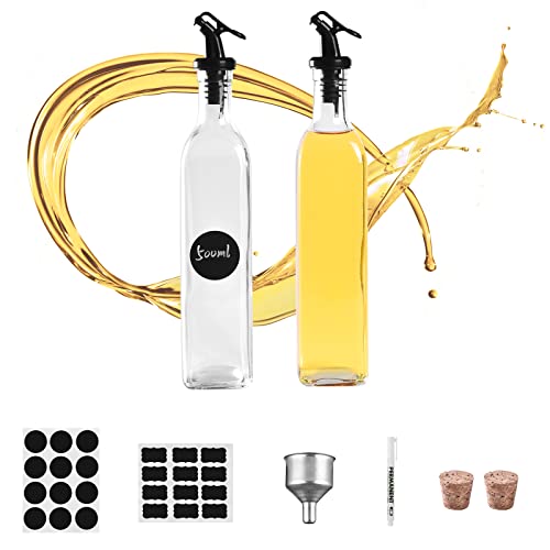 Yonekuon Ölflasche 2x500ml Ölspender, 6 Öl Ausgießer 6 Korken 3 Labels 1 Wipeable Pen 1 Rostfreier Stahl Funnel Set Glasflasche Suitable For Olivenöl Flasche Likörflaschen Essig und Ölflaschen Set Cover