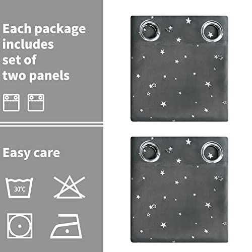 Image of BGment Kids Blackout Curtains for Bedroom - Grommet Thermal Insulated Silver Star Print Room Darkening Curtains for Living Room, Set of 2 Panels (38 x 45 Inch, Dark Grey)