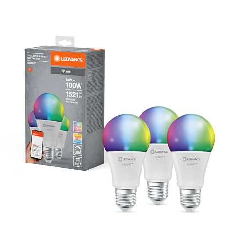 LEDVANCE Smarte LED-Lampe mit WiFi-Technologie für E27-Sockel, matte Optik,RGBW-Farben änderbar, Lichtfarbe änderbar (2700K-6500K), 1521 Lumen, Ersatz für herkömmliche 100W-Leuchtmittel, 3-er Pack