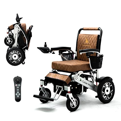 Burch Bike Wolf Electric Wheelchair for Adults, All Terrain Lightweight Foldable Wheelchairs XL,Power Motorized Electric Wheel Chair, Comfortable Remote Control Mobility Aid (Brown Leather)