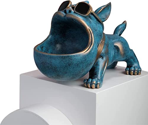 Key Bowl For Entryway Table And Candy Bowl Dish For Office Desk Funny Coffee Table,Pug French Bulldog Statue Retro Blue Resin Statues For Home Decor As Gifts With A Storage Big Mouth Dog #TOP2