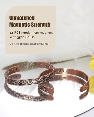 Image of Jecanori 2Pcs Magnetic Copper Bracelets for Women, Vintage Flower 99.99% Pure Copper Bracelets with 3500 Gauss Magnets, Adjustable Cuff Jewelry with Gift Box