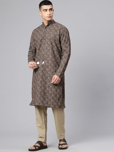 Image of Majestic Man Men's Regular Fit Ethnic Motifs Printed Pure Cotton Long Kurta with Mandarin Collar & Full Sleeves