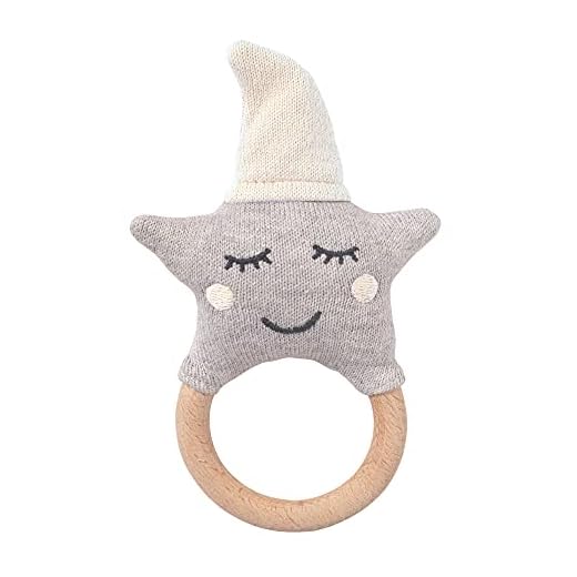 nordic coast company Babyskallra stjärna | skallra med bitring | 100 % bomull | gripande med träring (naturlig grå)