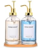 Dish Soap Dispenser for Kitchen, Hand Glass Soap Dispenser Set with Pump, Tray, Funnel for Bathroom, Shower, Laundry, Liquid, Lotion (Gold 2 Pack 18 Oz Clear Bottles with 12 Stickers)