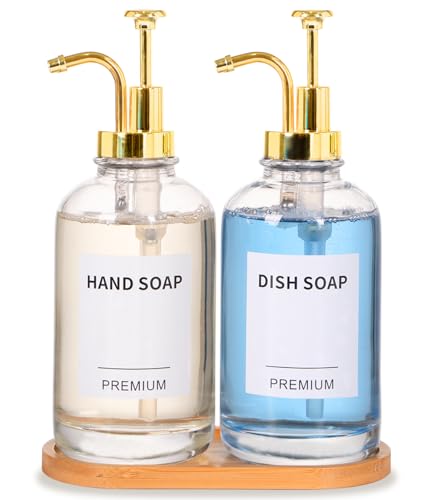 Dish Soap Dispenser for Kitchen, Hand Glass Soap Dispenser Set with Pump, Tray, Funnel for Bathroom, Shower, Laundry, Liquid, Lotion (Gold 2 Pack 18 Oz Clear Bottles with 12 Stickers)