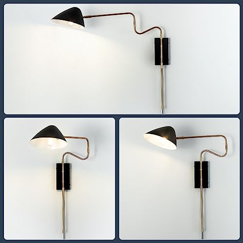Image of Modern Plug in Wall Sconces, Black Swing Arm Wall Lights with ON /Off Switch Cord for Bedroom Living Room