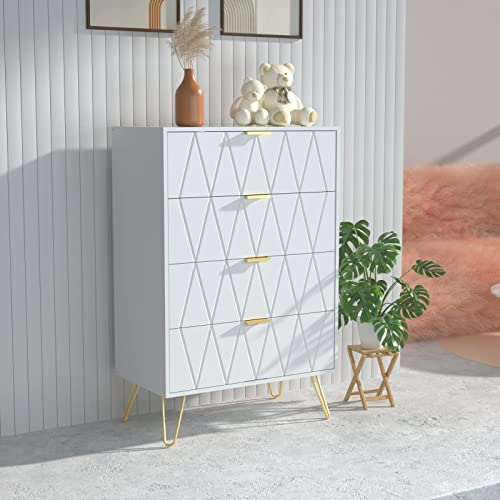 Uev 4 Drawer Dresser,Chest Of Drawers,Wooden Dresser With 4 Metal Legs,Tall Dresser With Anti-Tipping Device,Dresser Set For Bedroom,Living Room (White) #TOP2