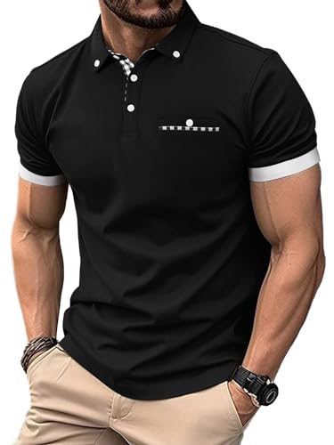 Mens Casual Short Sleeve Summer Polos Plaid Splice Fashion Button Cotton T-Shirt Golf Tennis Tops