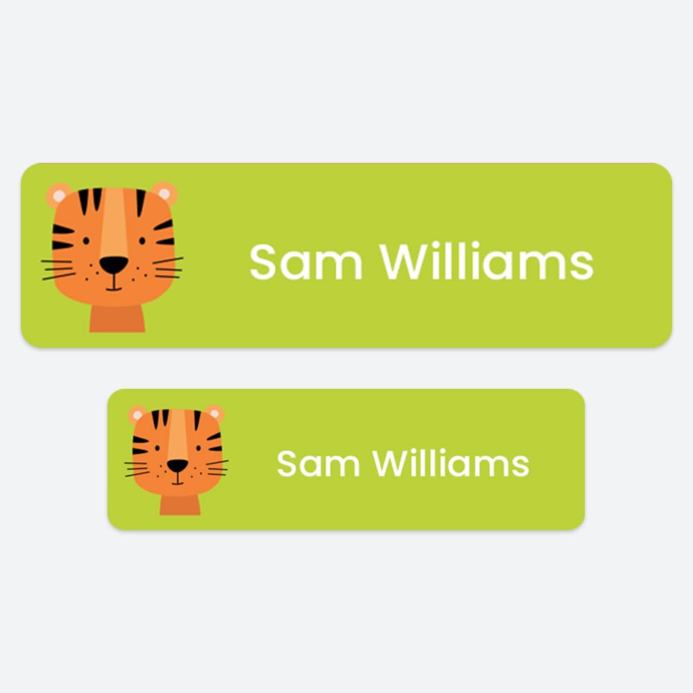 50 x No Iron Medium Personalised Stick On Waterproof Washable Name Labels Great for Clothes, School Uniform, Equipment, Shoes and Much More. School, Nursery, Day Care, Hospital - Cute Tiger