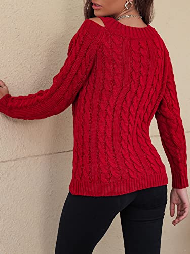 SHENHE Women's Cable Knit Sweater Casual Cold Shoulder V Neck Long Sleeve Knitted Pullover Tops2