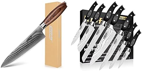 SCOLE® Chef Knife Bundle - Razor Sharp Chefs Knife 8 Inch VG-10 Super Damascus Steel (Natural Pakka Wood Handle) + Ultra Sharp Kitchen Knife Set 7-Piece (Triple Rivet Handle) (2 Items Bundle)