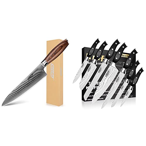 Scole® Chef Knife Bundle - Razor Sharp Chefs Knife 8 Inch Vg-10 Super Damascus Steel (Natural Pakka Wood Handle) + Ultra Sharp Kitchen Knife Set 7-Piece (Triple Rivet Handle) (2 Items Bundle) #TOP3