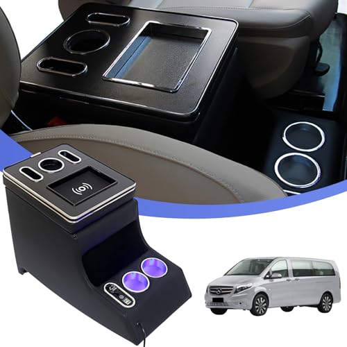 Apoio de braços do carro consola central caixa de armazenamento Vito acessórios com carregamento sem fios para Benz Vito W447 2014-2025 (preto, 01)
