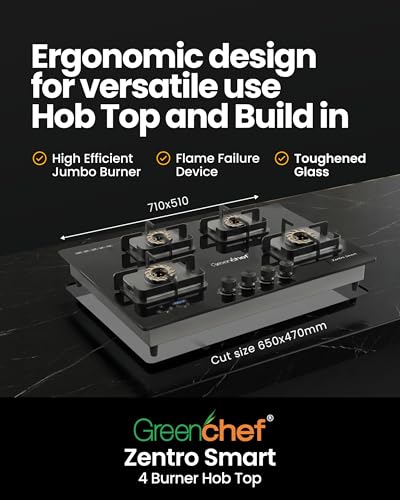 Image of Greenchef Zentro Smart Four burner Glass Hob Top| Digital timer| Featured with Flame failure| Black Color| High efficiency tornado Burners| Dual Purpose hob(Built In Or Counter top)