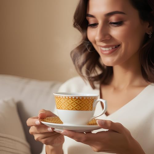Image of UPC Premium Bone China Cup & Saucer Set (6 Pieces) | Elegant Solid Color Tea Coffee Cups | Lightweight, Durable & Glossy Finish | Ideal for Home, Office & Gifting (N-Cup white-33)