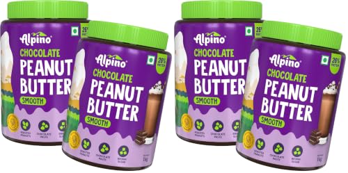 Image of ALPINO Chocolate Peanut Butter Smooth 2kg (1kg Pack of 4) - Roasted Peanuts, Brown Sugar & Sea Salt - 26% Protein, Source of Healthy Fats