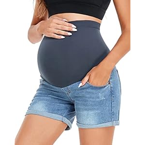 HOFISH Women’s Stretchy Maternity Jean Shorts Over The Belly Comfy Denim Shorts Pants Casual Workout Pregnancy Shorts