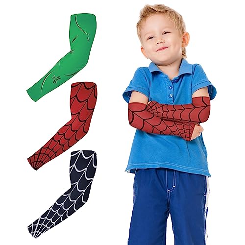 DIDIBIRD 3 Pairs Compression Arm Sleeves for Kids, UV Protection, Cooling, Unisex, One Size, Black, Green, Red