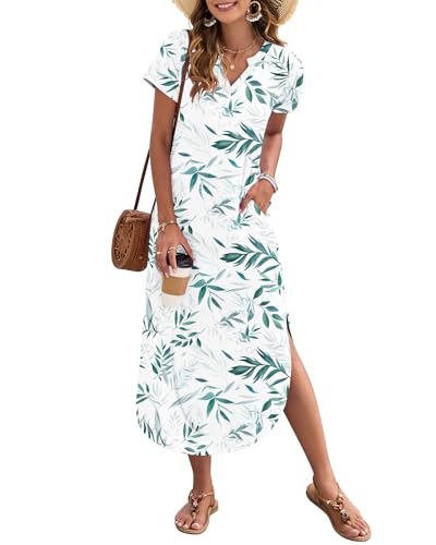 Image of MISFAY Women's Summer Maxi Dress 2026 Casual Short Sleeves V Neck Loose Sundress Split Long Beach T Shirt Dress