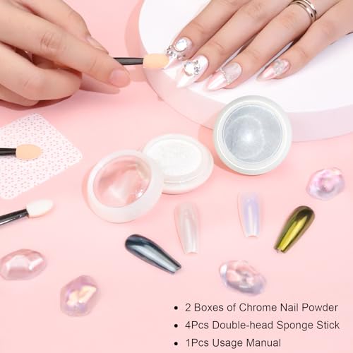 BISHENGYF【Upgarde】Perle Chrom Nagelpuder Glitzerpuder Weiße【Super Mirror Effect】2PCS Chrom Nagelpulver Neo Pearl Effect Chrome Nail Powder für Chrome Nails und Glazed Donut Nails