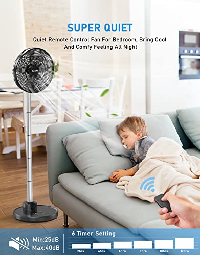 Faraday Oscillating Standing Fan 12” Foldable Portable Quiet Floor Fan 12000Mah Rechargeable Pedestal Fan With Remote, Timer Setting, Height Adjustable Foldaway Fan For Bedroom Home Office, 6 Speed #TOP1