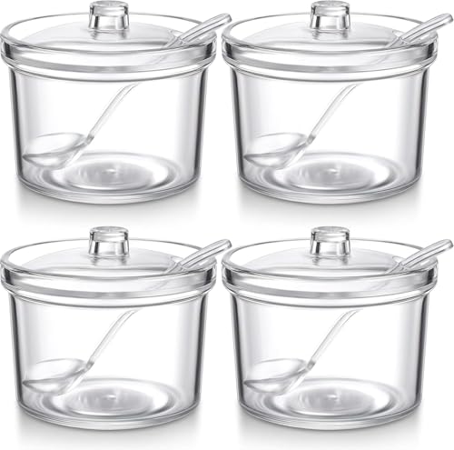 Werwing 4-Pack Clear Acrylic Sugar Bowls with Lids & Spoons – 7.1 oz Airtight Storage Jars for Sugar, Salt, Spices, Tea & Bath Salts