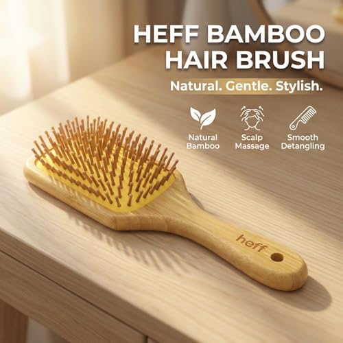 Image of Heff Bamboo Hair Brush, Natural Bamboo, Paddle Brush with Wooden Bristles, 9.5 Inches x 3.3 Inches