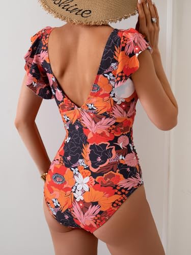 Image of B2prity One Piece Swimsuits for Women Ruffle Sleeve V Neck Bathing Suit Tummy Control Cutout Monokini Slimming Swimwear