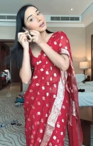 Image of SATAZ Women's Ready to Wear Saree Cotton Linen Silk 1 Minute Pre Pleated Saree with Unstitched Blouse (Red)