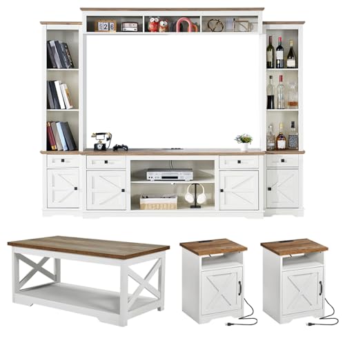 AMERLIFE 4 Pieces Living Room Table Sets, 98' Farmhouse Wall Unit TV Stand with...