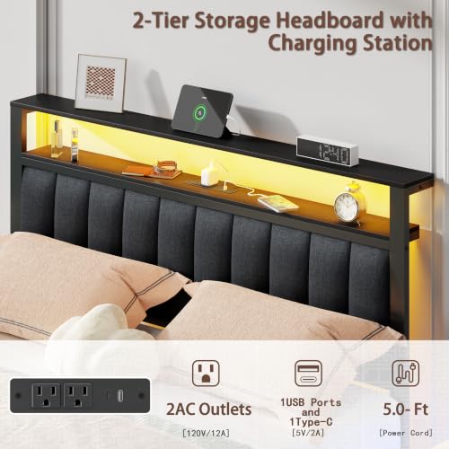 Image of Furnulem Queen Bed Frame with Storage Drawers and Upholstered Headboard