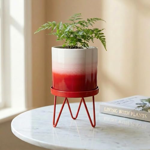 Image of ecofynd Lucas Metal Plant Pot with Red Stand, Modern Style Planter Set, Indoor Outdoor Home Decor Item for Garden Plants Flower, Balcony, Patio, Living Room, Garden, Bedroom (PWS032-WHTRED)