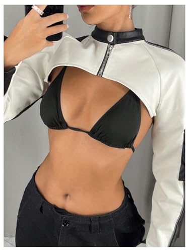 Verdusa Women's Motorcycle Color Block Leather Jacket Zip Up Long Sleeve Crop Jacket outwear3