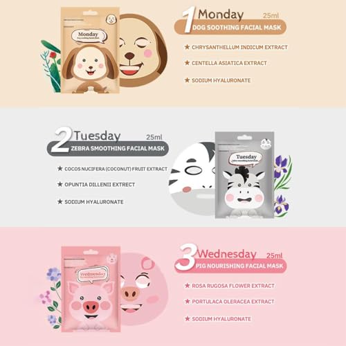 JAWUZ 7 Piezas Mascarilla Hidratante Facial,Mascarillas Faciales Para Niñas,Face Mask Viene Con Lindos Estampados De Animales,Mascarilla Facial Coreana Apto Para Todo Tipo De Piel - imagen 4