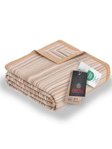Ibena Malang Wolldecke 150x200 cm - Baumwollmix weich, warm & waschbar, Kuscheldecke Streifen beige
