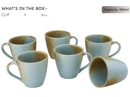 Image of Bodhi House Handmade Reactive Glaze Ceramic Coffee Mug Set of 6 Pieces (350 Ml), Stoneware Tea Cup, Microwave Safe Large Milk Mug, Ideal for Daily use, Casual Gatherings and Gifting, Turquoise-Copper