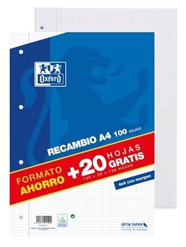 Oxford Classic, Recambio Hojas Sueltas, 120 Hojas, A4, Blanco