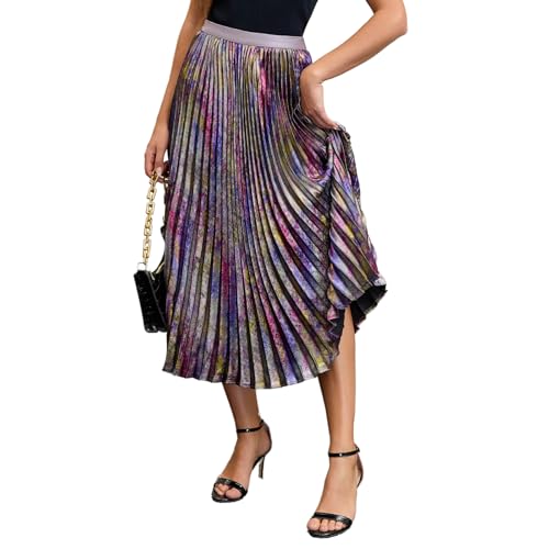 Women's Metallic Pleated Midi Skirt โ High Elastic Waist, Shiny Finish, A-Line Swing Long Skirt