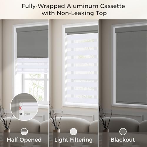 Allesin Zen Cordless Dual Roller Shades with Square Cassette, Double Layer Window Shades, Blackout and Light Filtering, Day and Night Blinds for Home Office Door, Gray and White, 24" W X 46" H