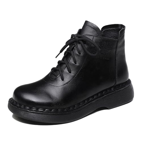 Women's Genuine Leather Lace Up Side Zipper Ankle Boots Retro Round Wide Toe Comfort Wear Resistant Platform Chunky Heel Adds Height Fashion Combat Short Boots