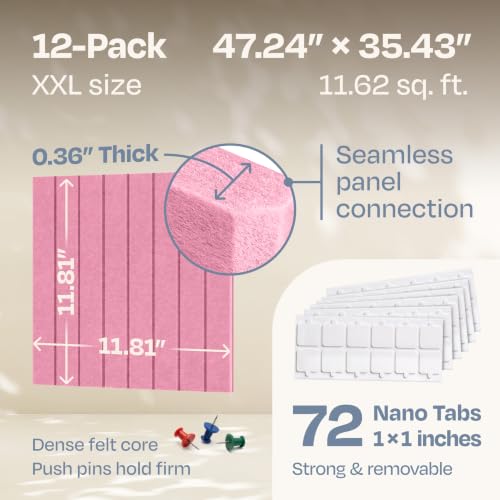 Image of X-Large Cork Board Alternative 12-Pack Felt Bulletin Board Thick and Decorative Pin Board for Home Office Walls 47.24 x 35.43 Inches with 72 Adhesive Tabs - [Chic Pink]